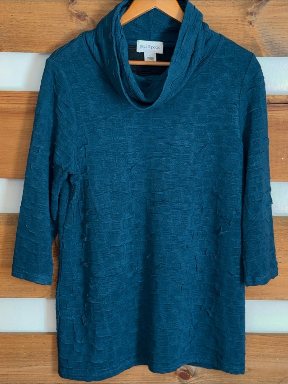 Peck & Peck Teal Green 3/4 Sleeve Cowl Neck 3-D Ribbed Texture Cozy Size Large
